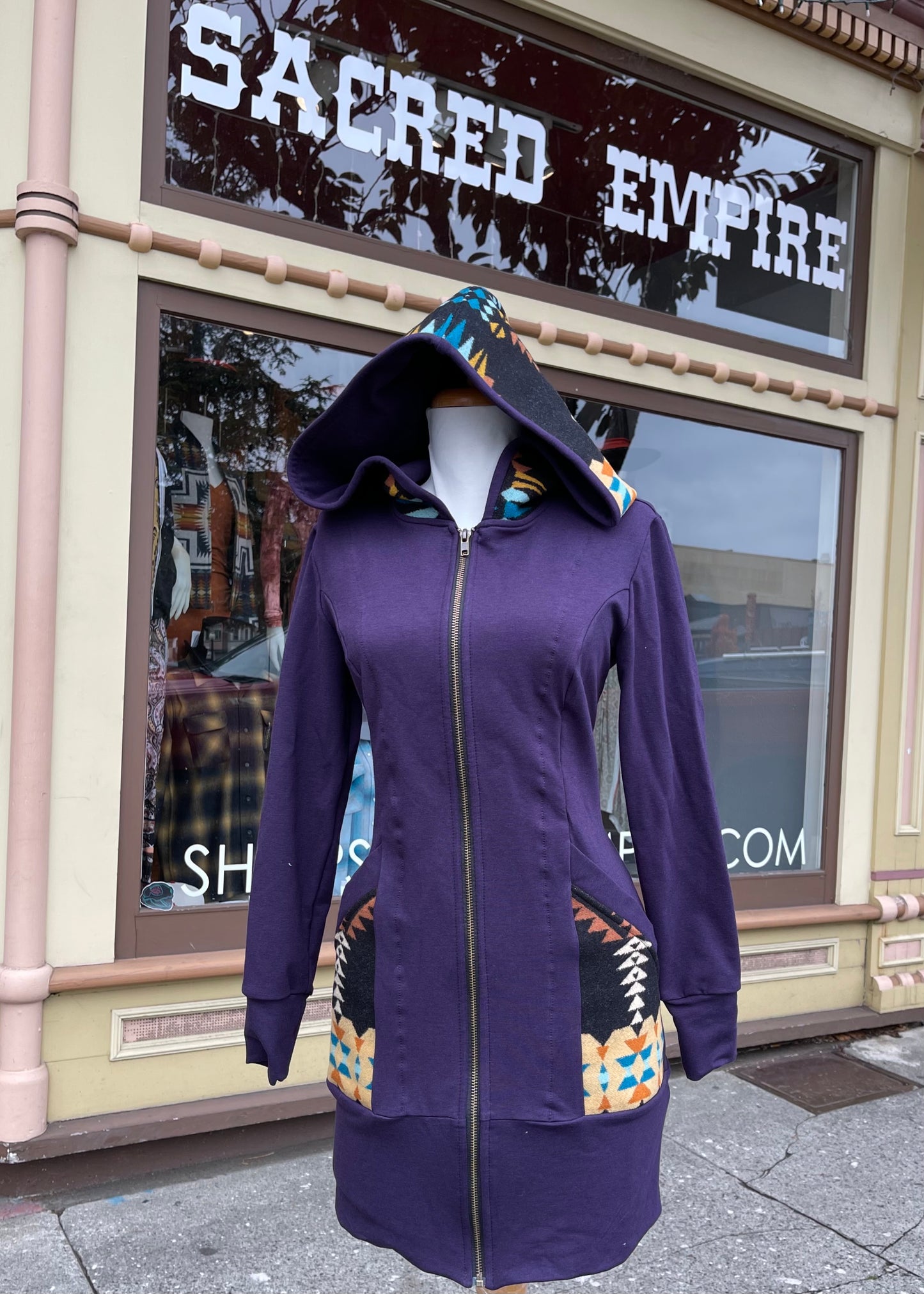 Zip Up Hoodie Dress, locally made from Pendleton Wool and Organic Cotton