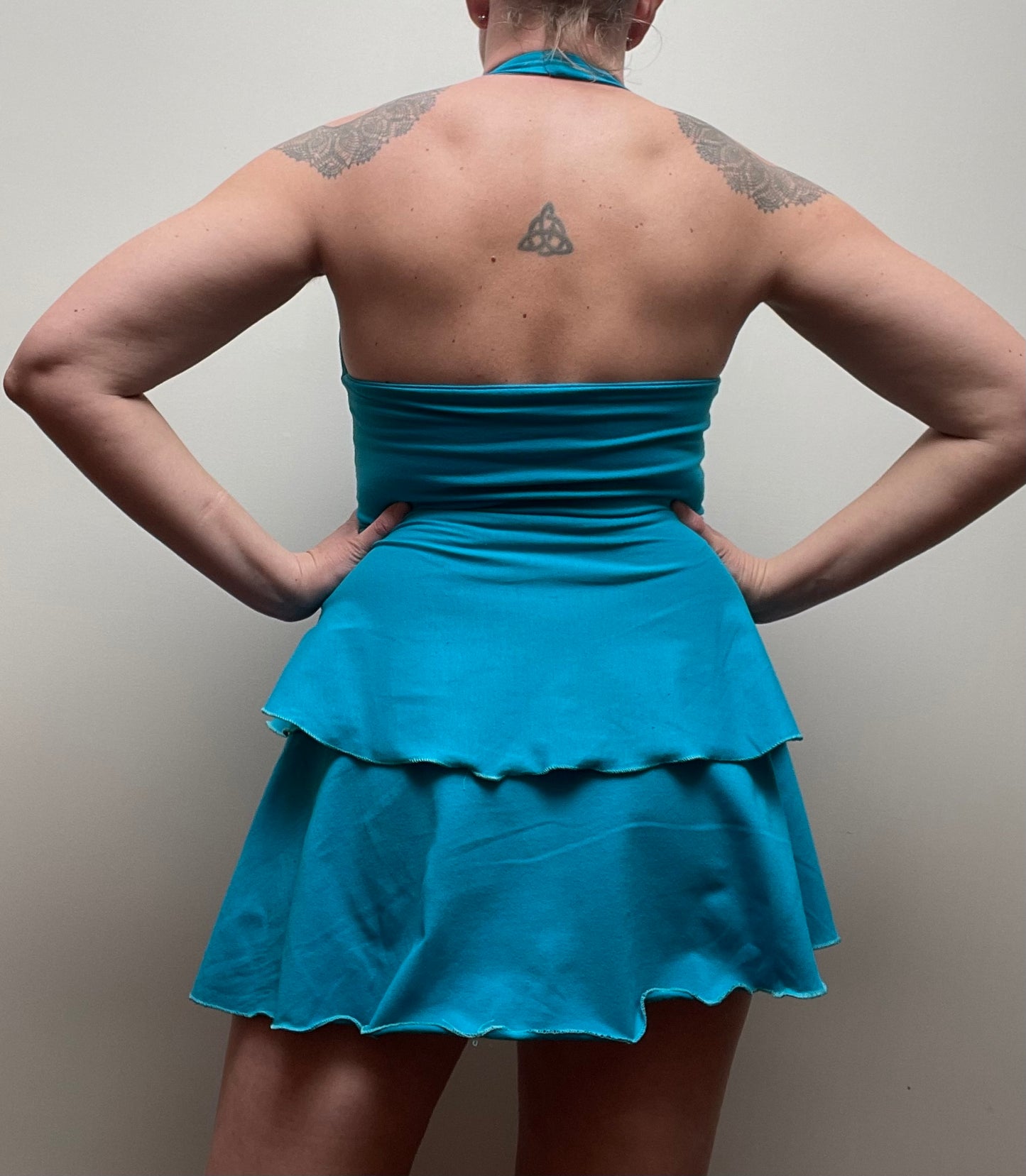 SALE size M Ruffle Halter in Turquoise with matching bloomer shorts