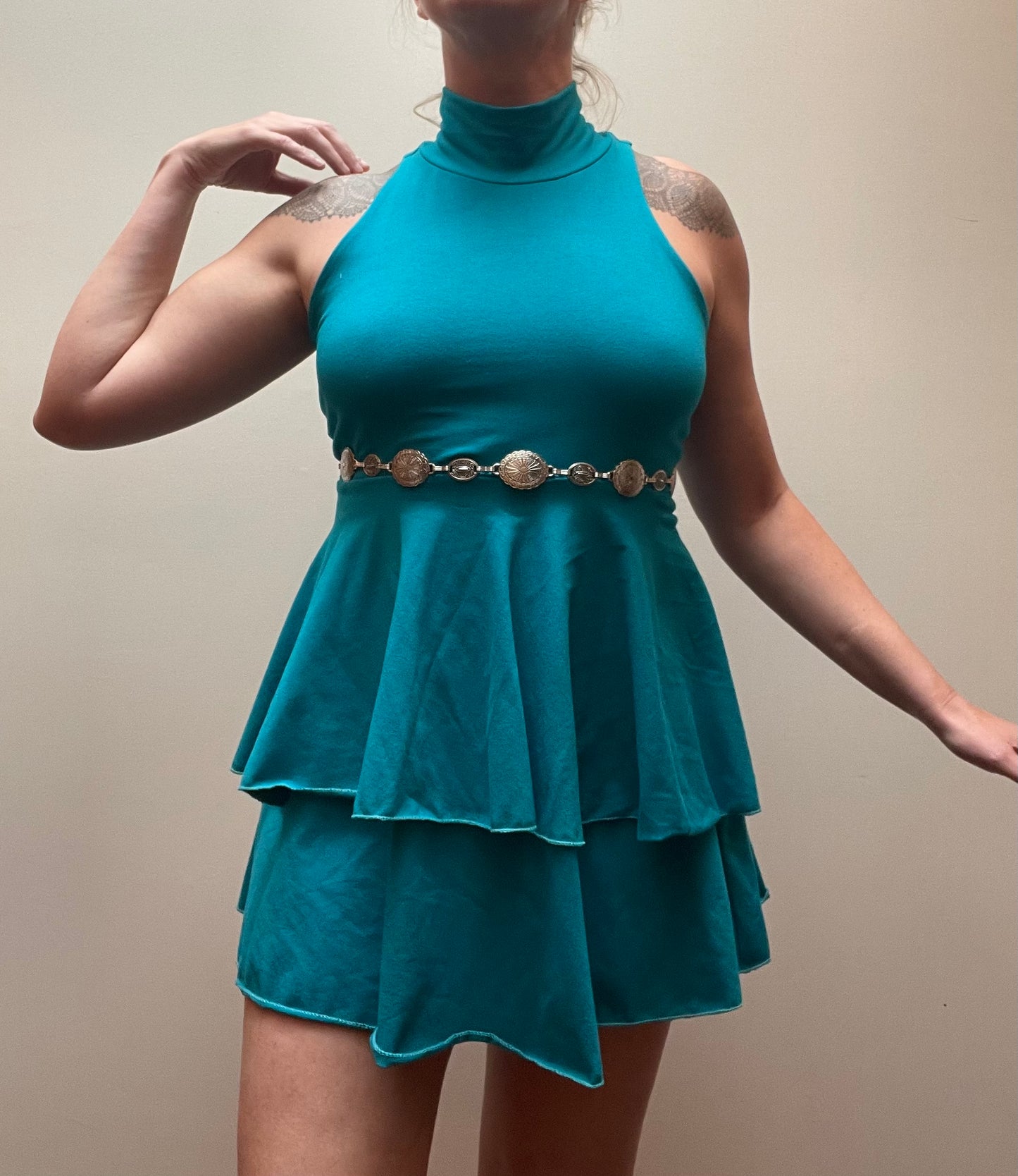 Racer Back, Mock Neck, Ruffle Mini Dress