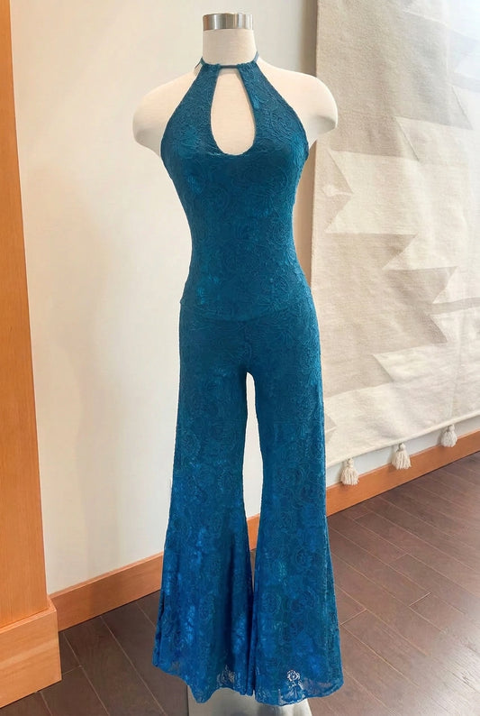 One of a Kind, Blue Lace Jumpsuit with Key Hole Neckline