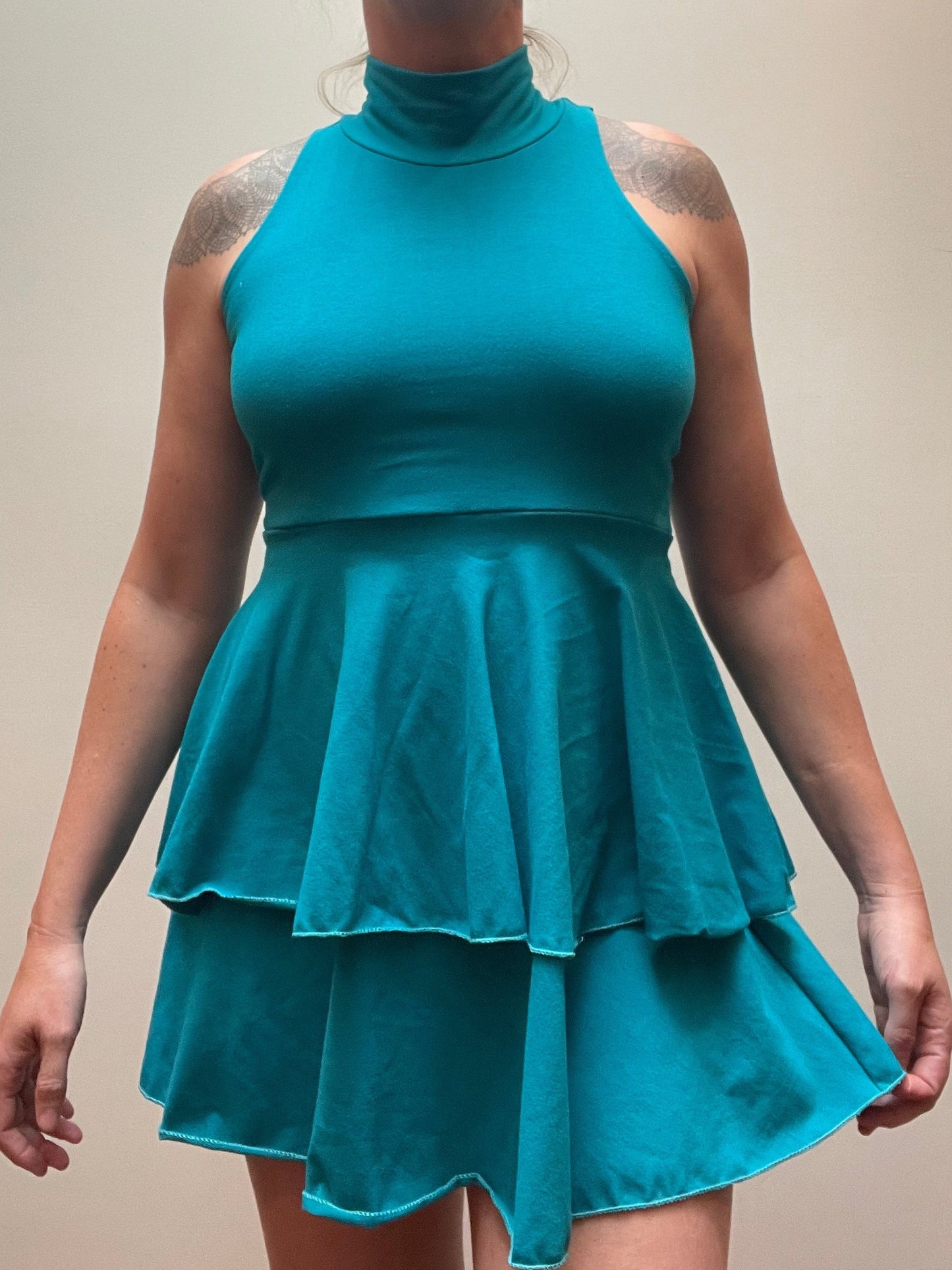 Racer Back, Mock Neck, Ruffle Mini Dress
