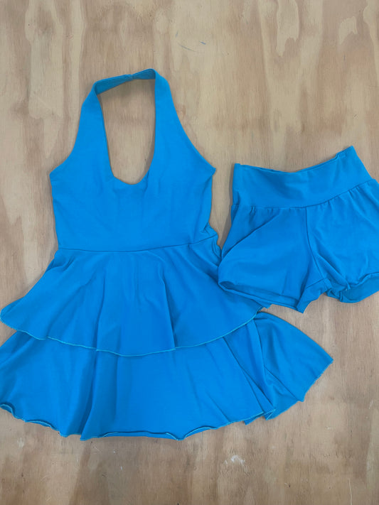 SALE size M Ruffle Halter in Turquoise with matching bloomer shorts