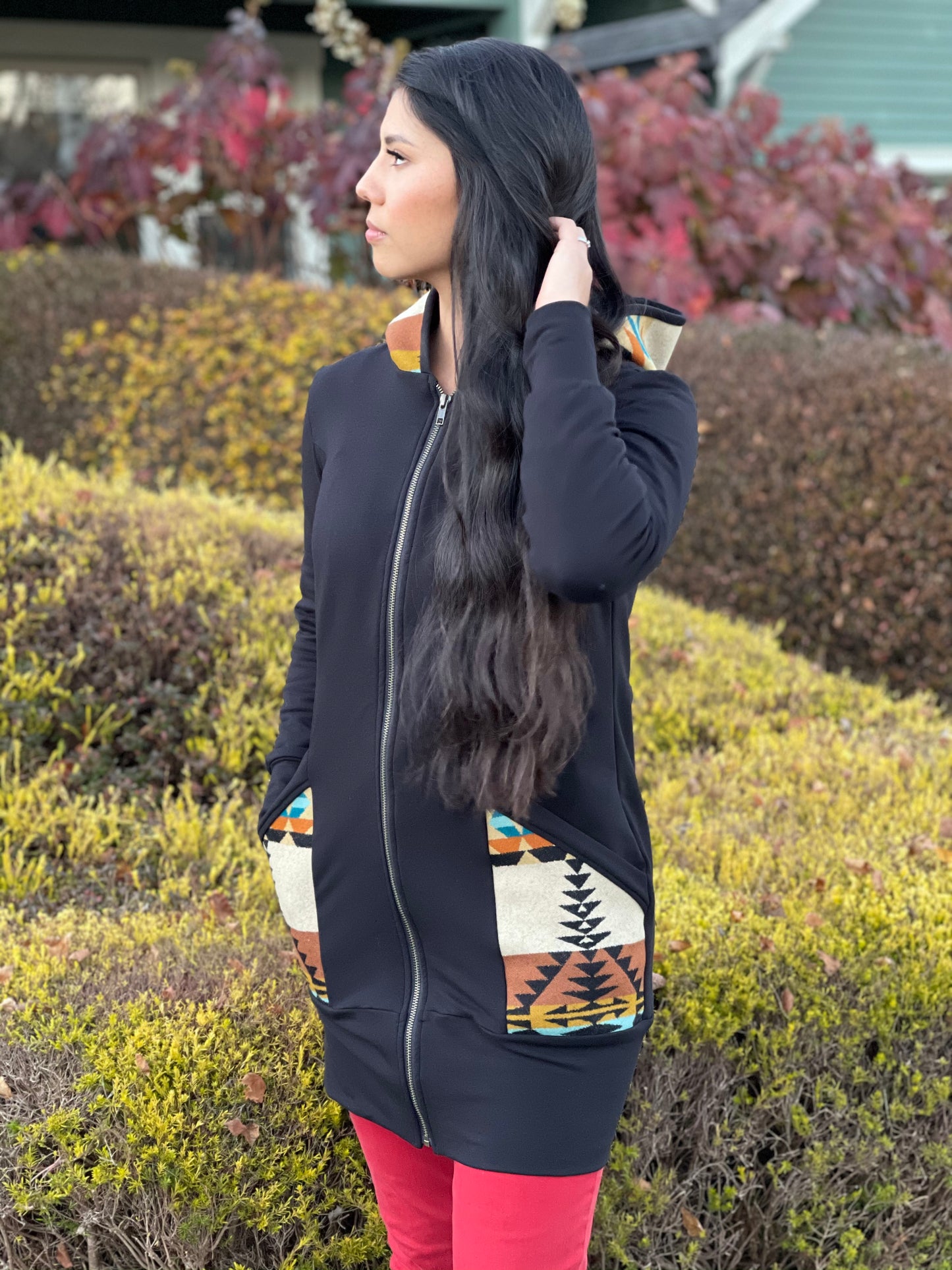 Zip Up Hoodie Dress, locally made from Pendleton Wool and Organic Cotton