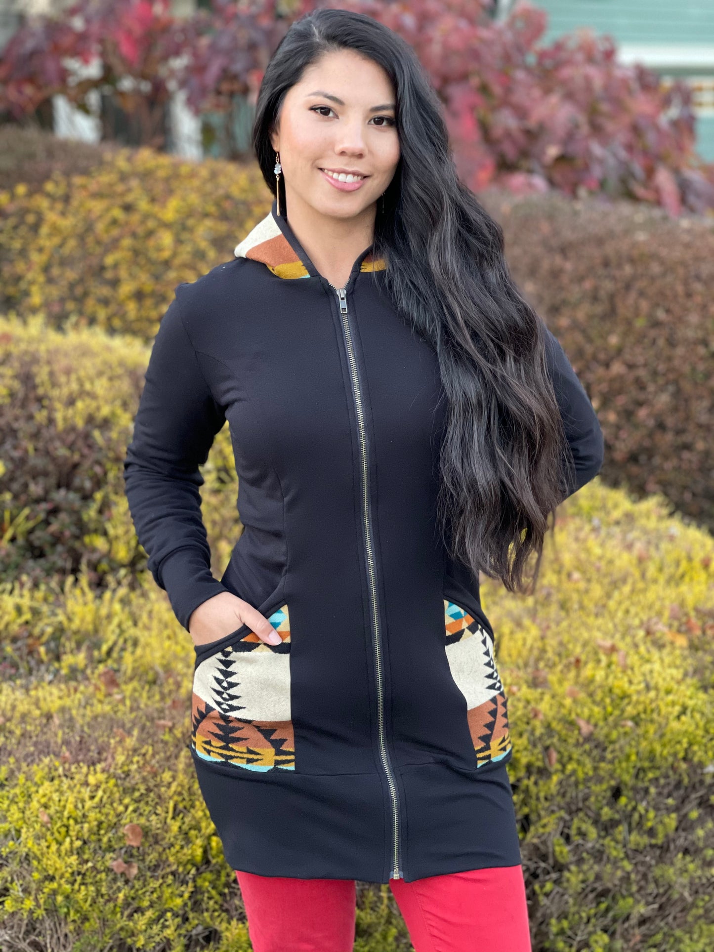 Zip Up Hoodie Dress, locally made from Pendleton Wool and Organic Cotton